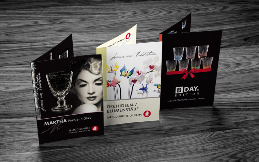 3 Falzflyer der Farbglashütte Lausche aus den Serien Martha, BDAY Edition und Orchideenstäbe