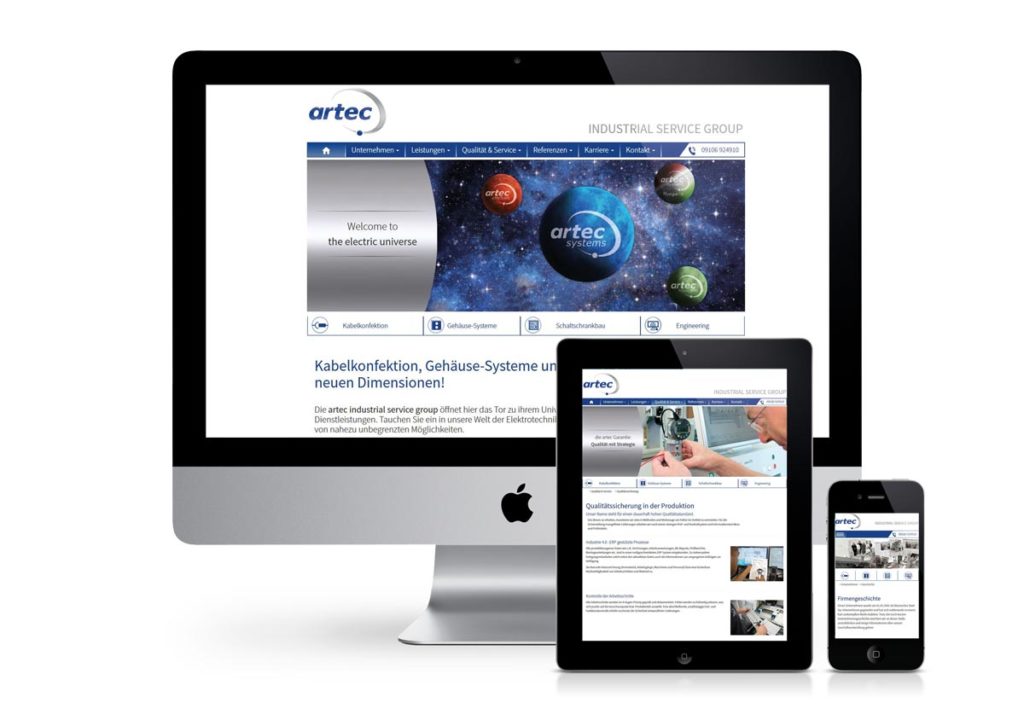 responsives Design der Internetseite von Artec Systems am PC, Tablet und Handy