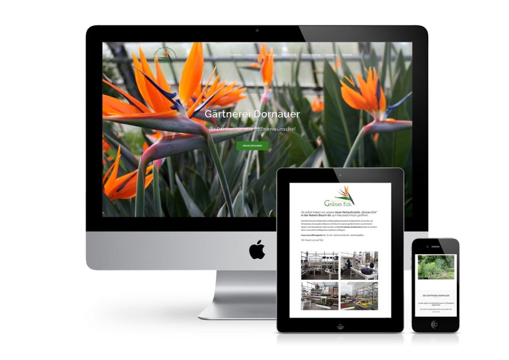 responsives Design der Internetseite von der Gärtnerei Dornauer am PC, Tablet und Handy