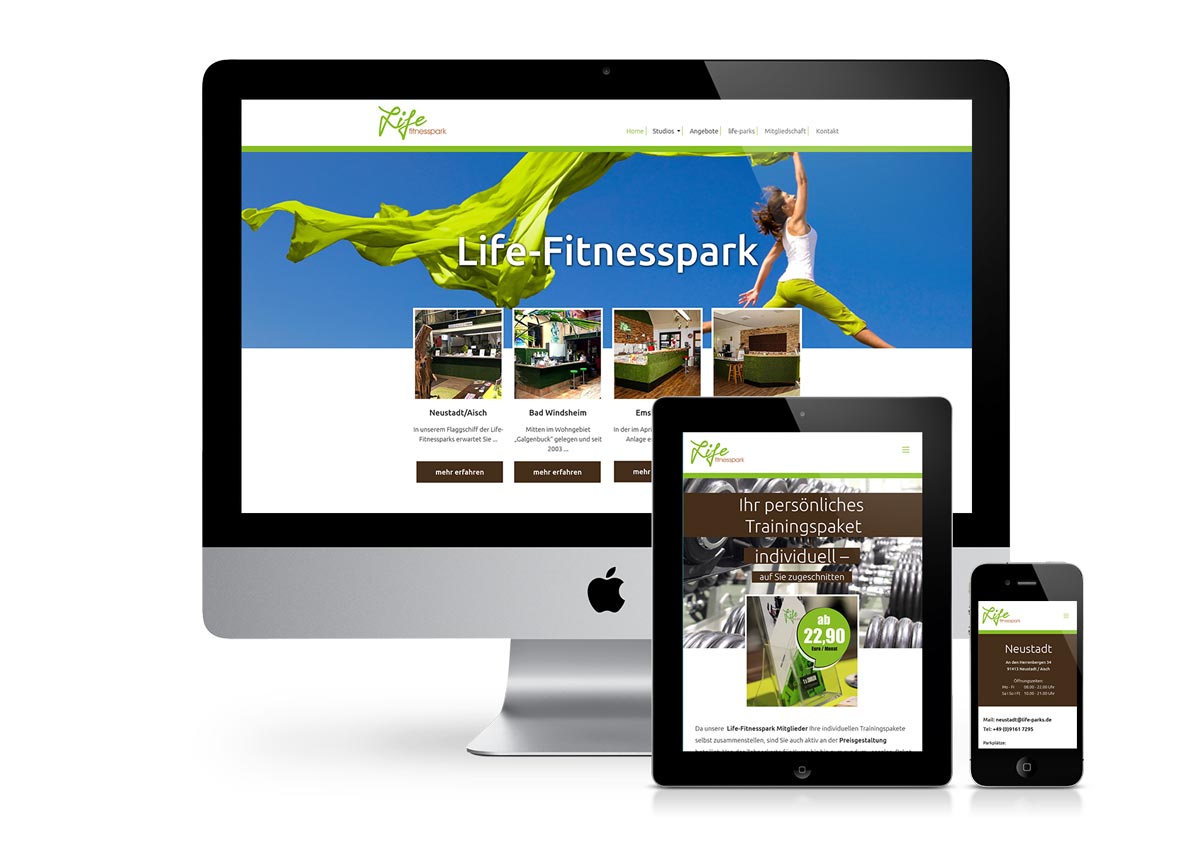 responsives Design der Internetseite von LifeParks am PC, Tablet und Handy