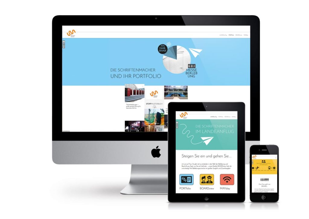 responsives Design der Internetseite von den Schriftenmachern am PC, Tablet und Handy