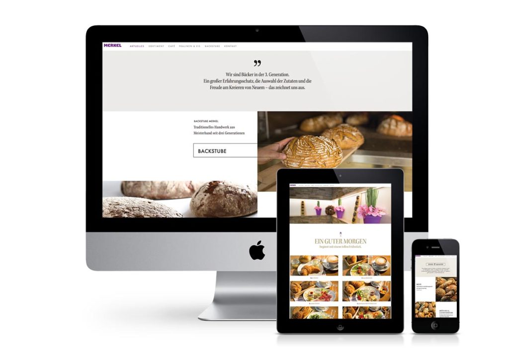 responsives Design der Internetseite von Backstube Merkel am PC, Tablet und Handy