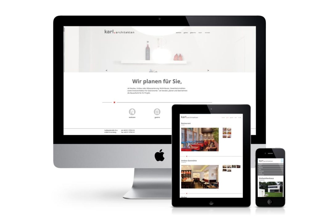 responsives Design der Internetseite von Karl Architekten am PC, Tablet und Handy