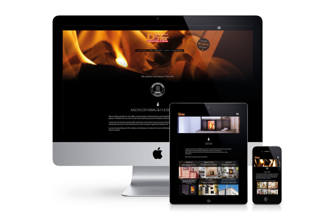 responsives Design der Internetseite von Kachelofenbau Dörfer am PC, Tablet und Handy