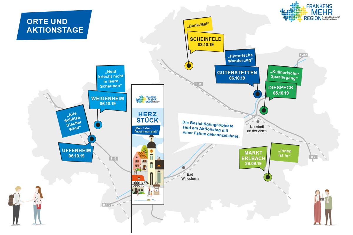 Landkreiskarte mit Orten, die an den Aktionstage Innerorte 2019 teilnehmen