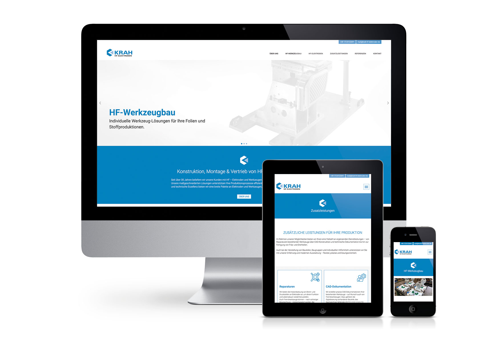 Responsives Webdesign für ein Unternehmen im HF-Werkzeugbau, dargestellt auf Desktop, Tablet und Smartphone.