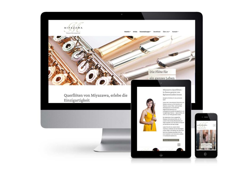 Website Miyazawa Flutes Europe. Darstellung der Website auf Desktop, Tablet und Smartphone. Relaunch