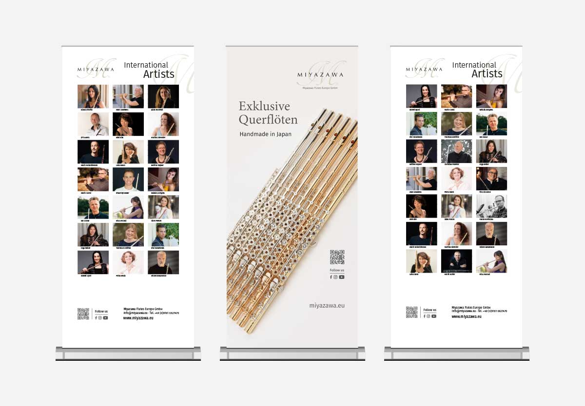 Roll up für Miyazawa Flutes Europe mit Miyazawa International Artists und Imagefoto mit Goldflöten von Miyazawa