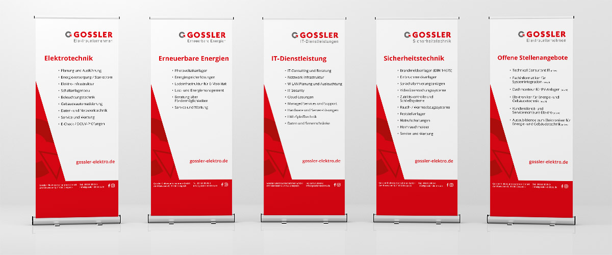 Roll-ups der Firma Gossler Elektrounternehmen mit den Themen Elektrotechnik, Erneuerbare Energien, IT-Dienstleistung, Sicherheitstechnit, Offene Stellenangebote