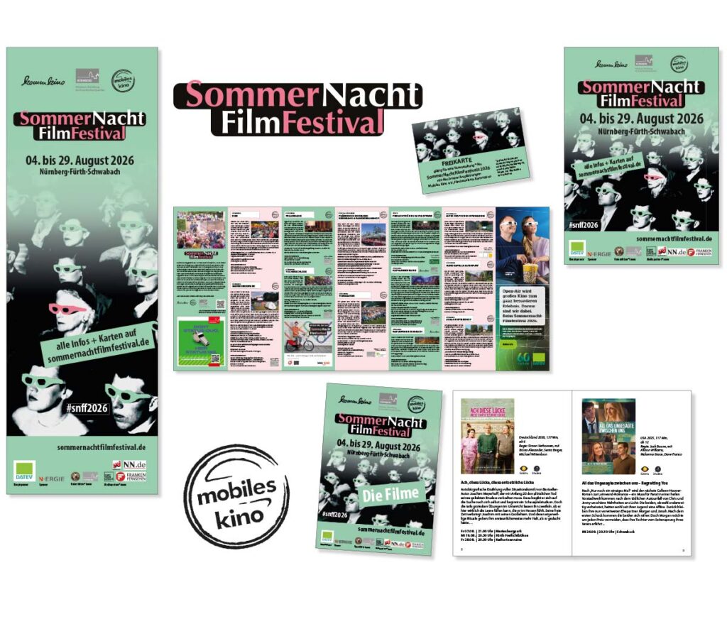 Programmheft Flyer mit Filmübersicht und Veranstaltungsorte des Sommernachtfilmfestival in Nürnber. Spielheft, Eintrittskarte, Anzeigen und Webbanner für das Mobile Kino gestaltet.