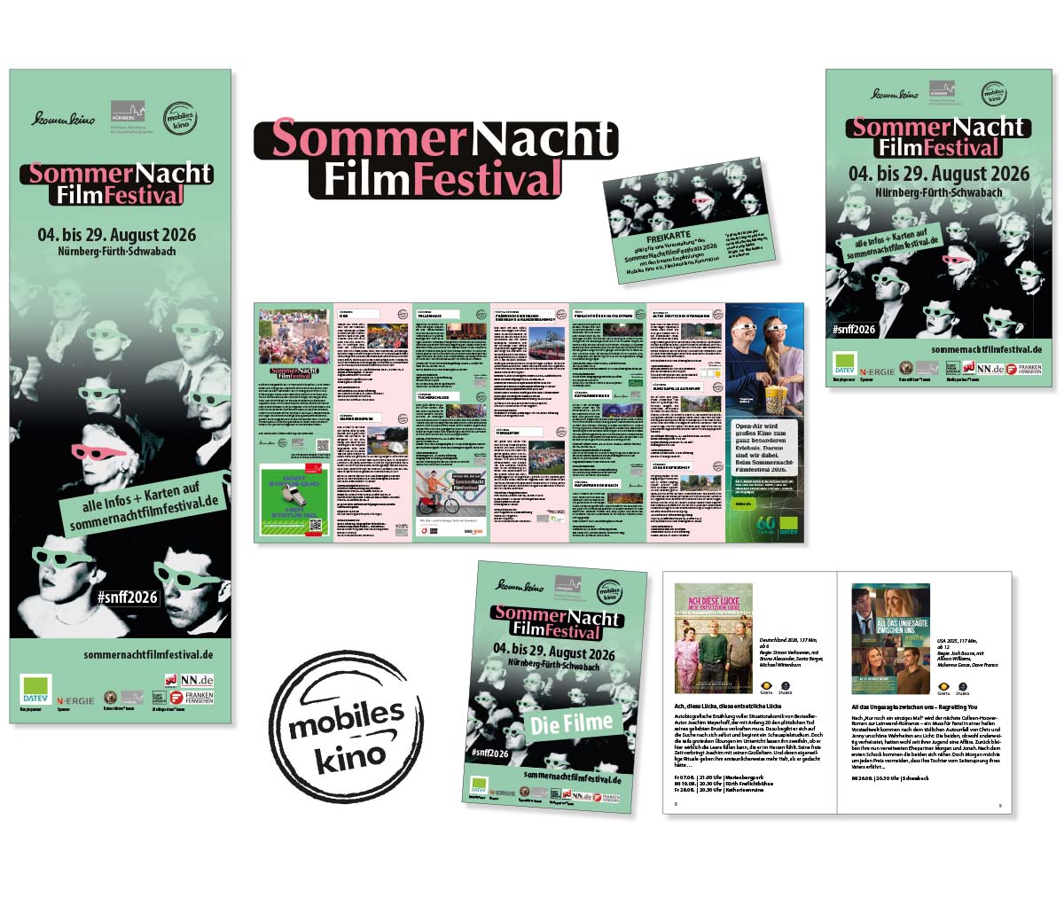 Programmheft Flyer mit Filmübersicht und Veranstaltungsorte des Sommernachtfilmfestival in Nürnber. Spielheft, Eintrittskarte, Anzeigen und Webbanner für das Mobile Kino gestaltet.