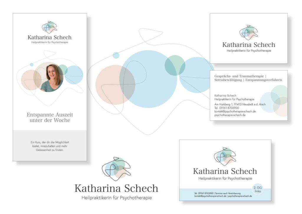 Flyer für Heilpraktiker für Psychotherapie Katharina Schech, Visitenkarten, Schild für Fassade