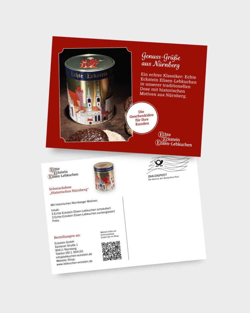 Postkarte als Mailing für Lebkuchen Eckstein aus Nürnberg, historische Dose mit Illustrationen aus Nürnberg wie Sebalduskirche, Schöner Brunnen, Lorenzkirche, Kaiserburg. An Kunden per Mailing Post verschickt.