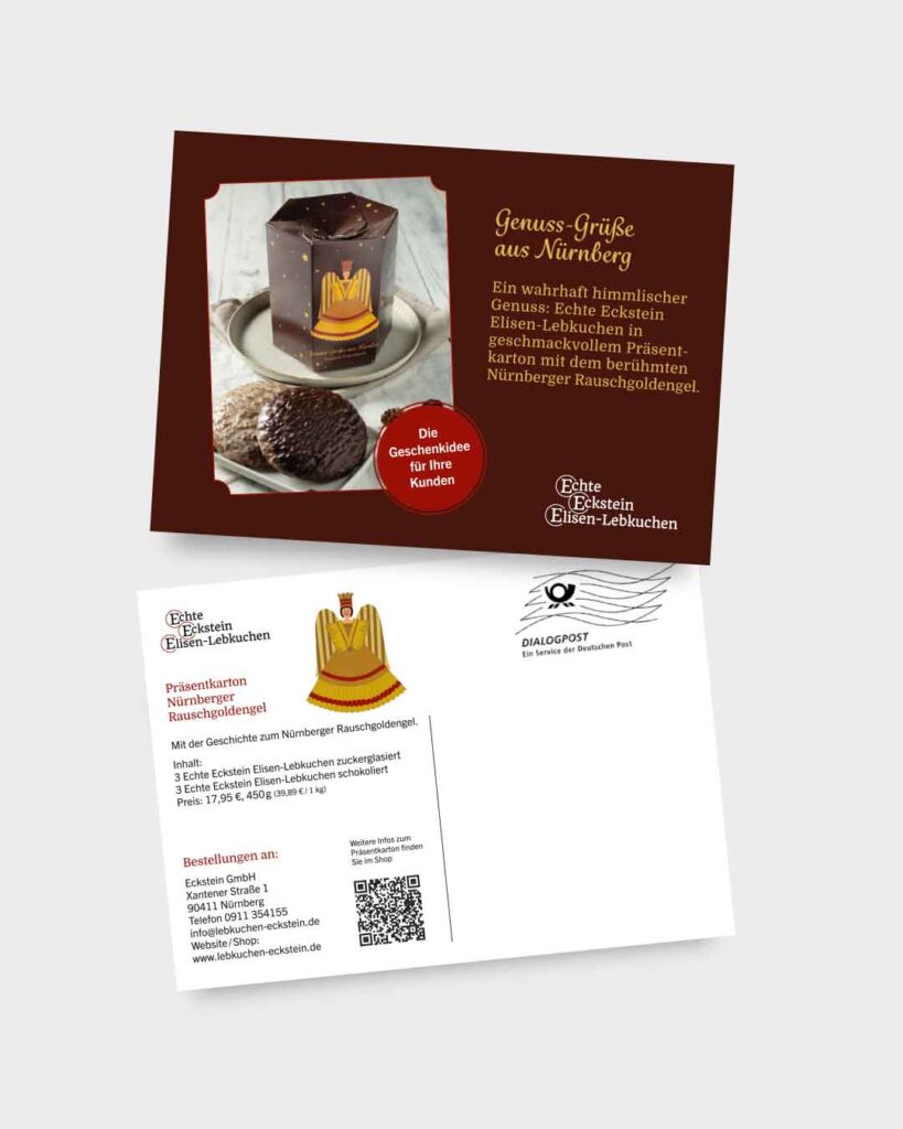 Postkarte als Mailing für Lebkuchen Eckstein aus Nürnberg. Eckige Dose mit Illustration von Rauschgoldengel aus Nürnberg. An Kunden per Mailing Post verschickt.